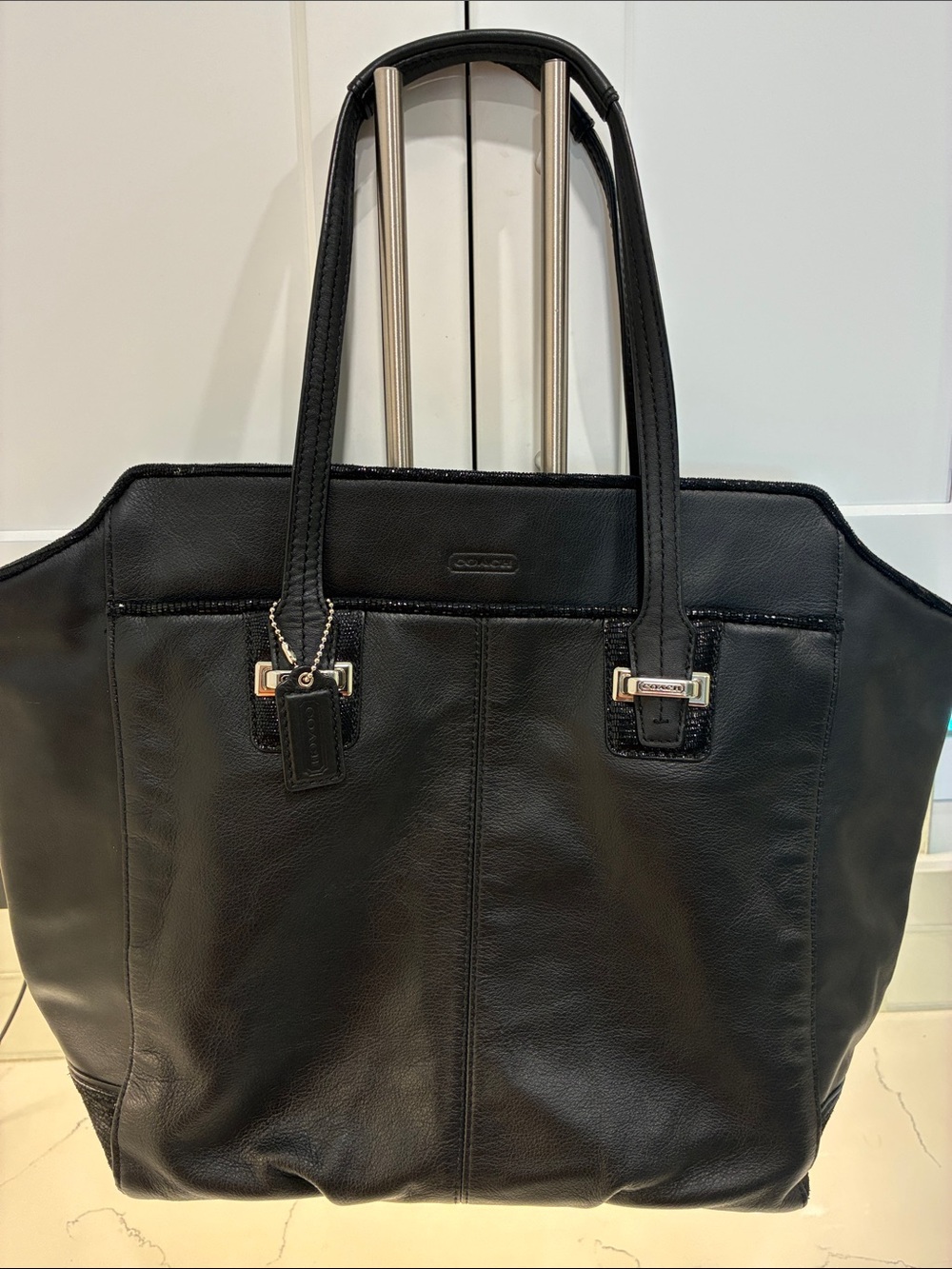 Coach Black Leather Tote with Gold-Tone Hardware